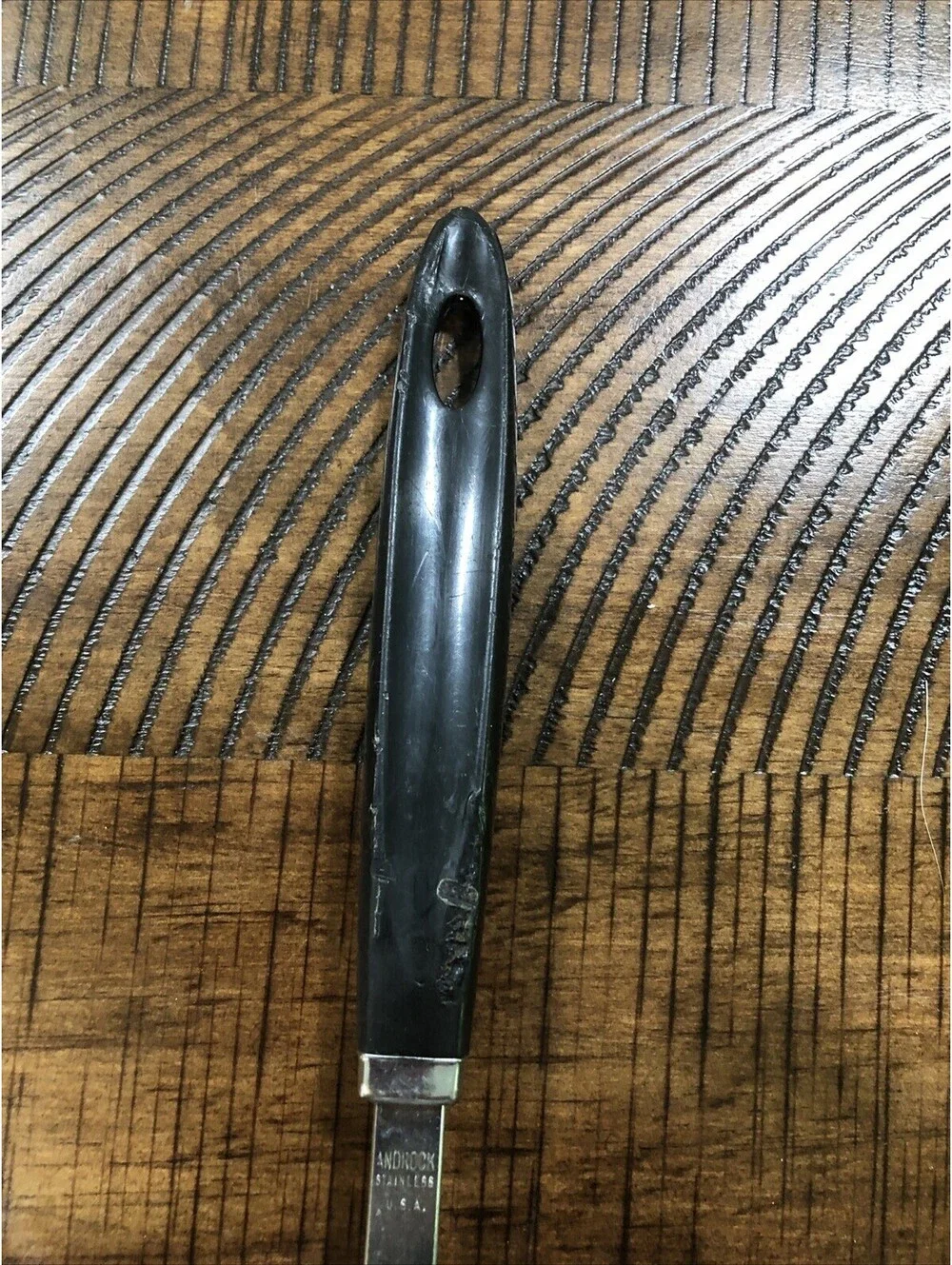 Vintage Androck Slotted Spoon Mid Century Modern Starburst Black Gold Handle USA